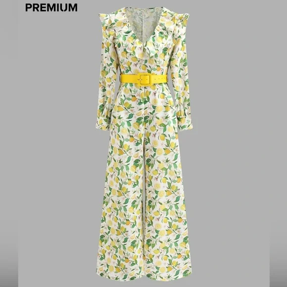 Lemon Print Vintage Look Ruffle V Neck Jumpsuit with Belt Size XL Boutique New - Picture 1 of 6